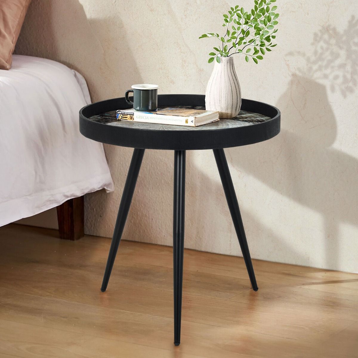 Modern Round Coffee Table with Wooden Tray Top and Steel Legs